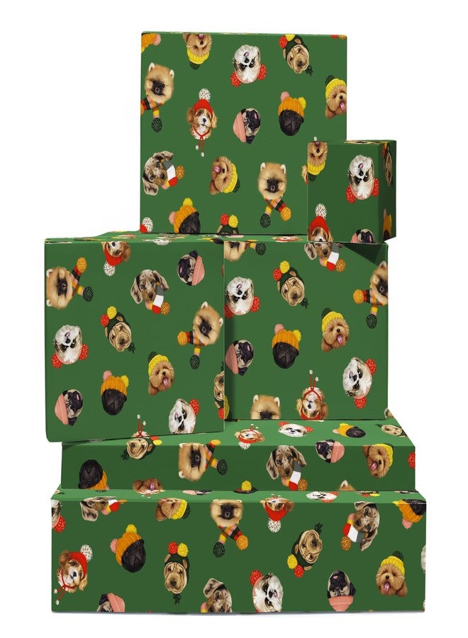Central 23 Dog Christmas Wrapping Paper & Tags - 6 Sheets of Doggo Gift Wrap - Cute Winter Dogs in Beanie - Green Christmas Wrapping Paper for Fur Parents Men Women Boy Girl - Holiday - Thick & Recyclable - Image 1
